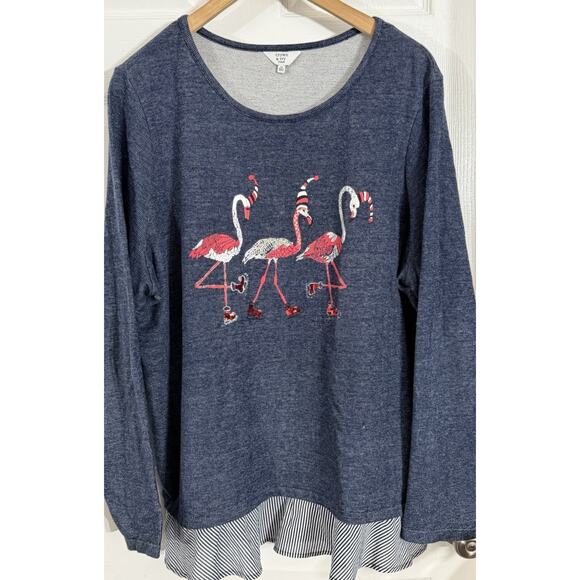 Crown & Ivy Christmas Flamingos Shirt Long Sleeve Ruffle Stripe Hem Plus Size 3X - Picture 1 of 2